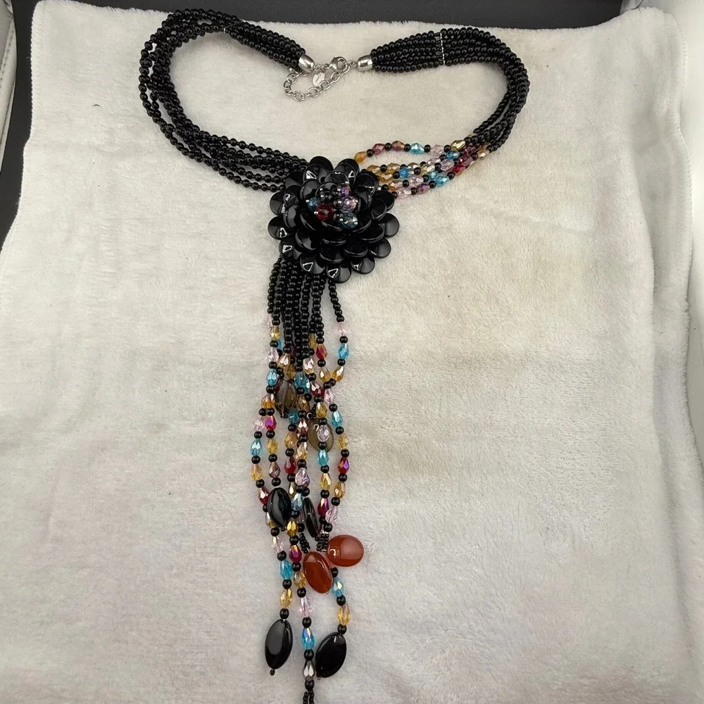 Joan Rivers Necklace Black Glass Floral Tassel Multi Strand 20